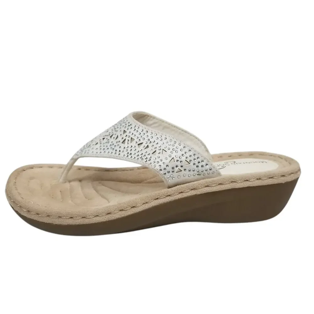Women's White Rhinestone Wedge Thong Sandals
